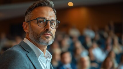 Fototapeta premium Confident businessman wearing eyeglasses presenting in front of audience