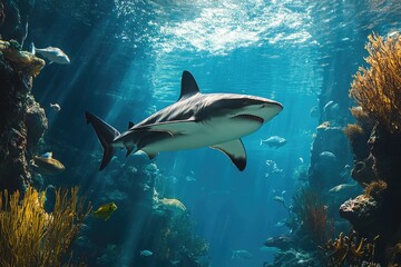 Grey reef shark swimming in aquarium with coral reef and fish