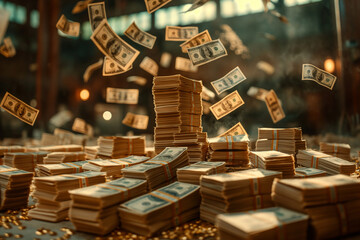 Piles of currency cascading in a dimly lit financial space at dusk. Generative AI