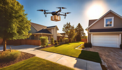 Drone Delivering Package in a Residential Neighborhood, Smart Delivery Technology