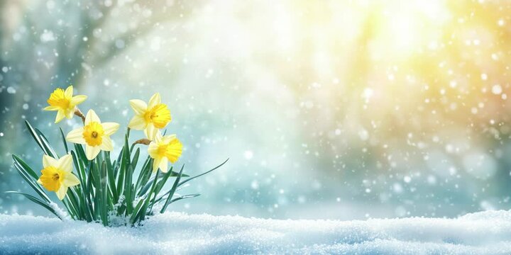 Blooming daffodils in snowfall transition to bright spring morning