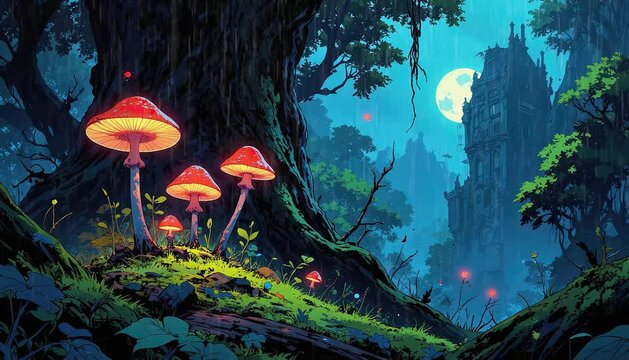 Enchanted forest glow: mystical mushrooms under moonlit canopy
