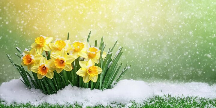 Spring bloom emergence: daffodils transitioning from snow to sunshine