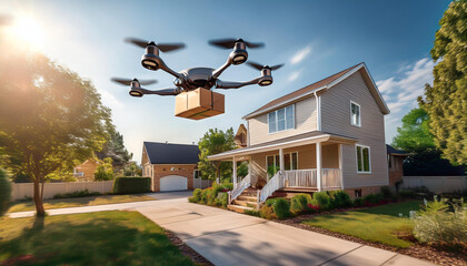 Drone Carrying Package Near Suburban Home, Contactless Delivery Solution
