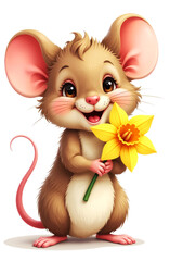 happy smiling mouse holding daffodil flower