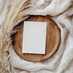 Blank Card Mockup  Wooden Tray  Pampas Grass  Linen Fabric