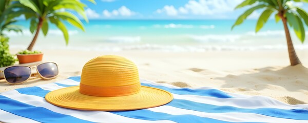Obraz premium Escape to paradise! A vibrant yellow sunhat rests on a beach towel, sunglasses nearby. Palm trees sway gently in the background, creating a dreamy summer beach scene. Pure relaxation awaits!