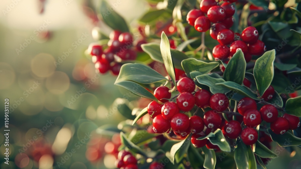 Poster A cluster of bright red berries hangs from the branch of a tree, with leaves and twigs visible in the background
