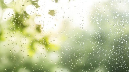 Abstract composition of water droplets on a smooth glass surface, with blurred green foliage in the background, soft focus and natural lighting, highly detailed. 