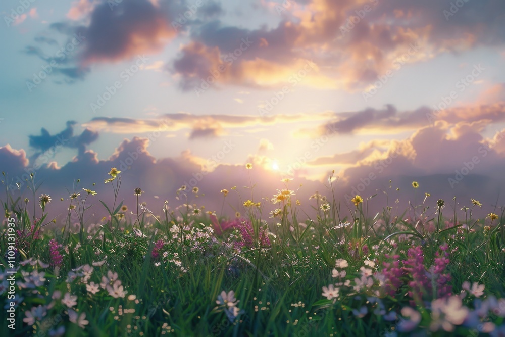 Aufkleber a serene scene of a field of flowers with the sun setting in the background, perfect for use in natu