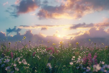Naklejka premium A serene scene of a field of flowers with the sun setting in the background, perfect for use in nature or landscape photography projects