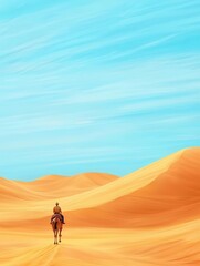 Fototapeta premium Adventurous traveler riding a camel across golden dunes, vibrant sky, 3D illustration