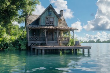 Obraz premium A rustic wooden house on a pier surrounded by water and lush vegetation.