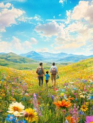 Nomadic family trekking through a meadow with wildflowers, peaceful vibe, 3D illustration