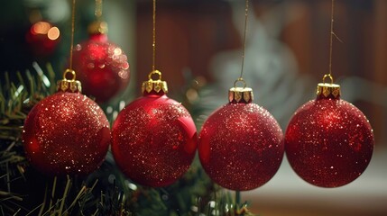 A cluster of bright red decorations suspended from a Christmas tree