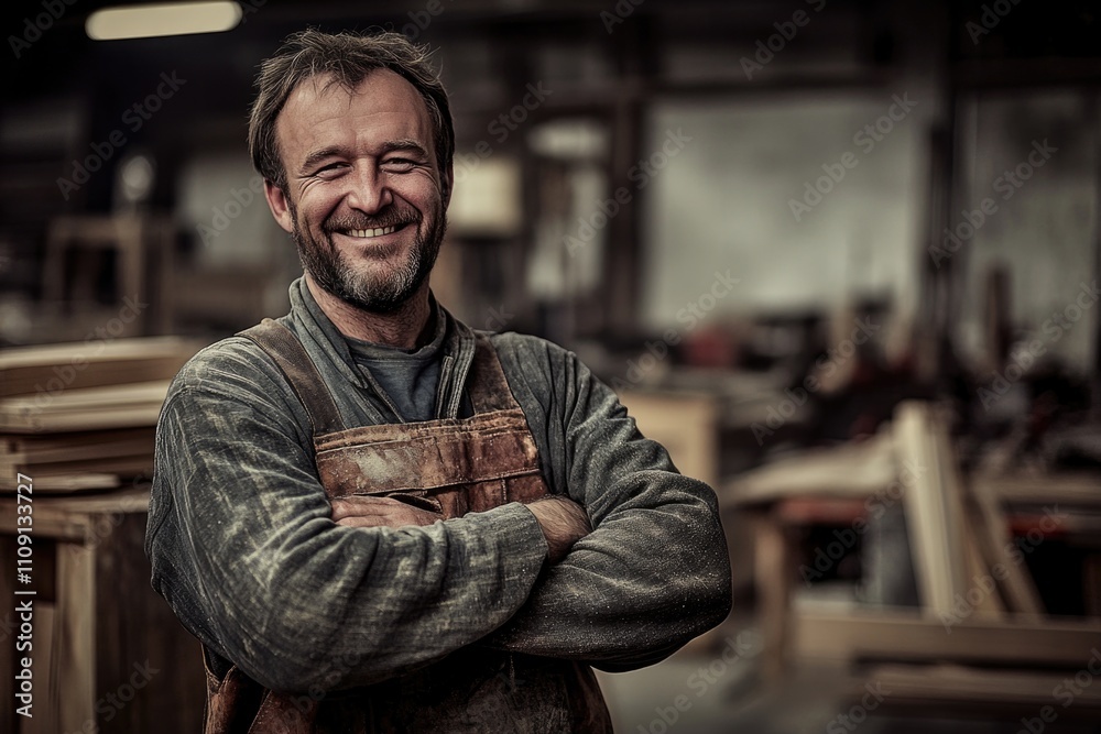 Poster A craftsman stands in a workshop with his beard and working tools