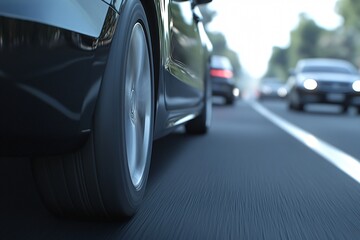 Car driving through mountainous terrain on a clear day in sunny weather