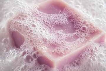 Fototapeta premium A single pink soap sits on top of a pile of white foam