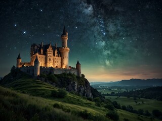 Obraz premium Whimsical landscape with a castle under a starry sky.