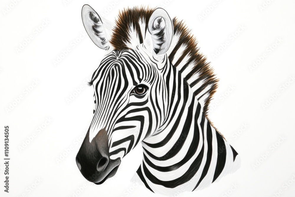 Poster a detailed view of a zebra's head against a white background