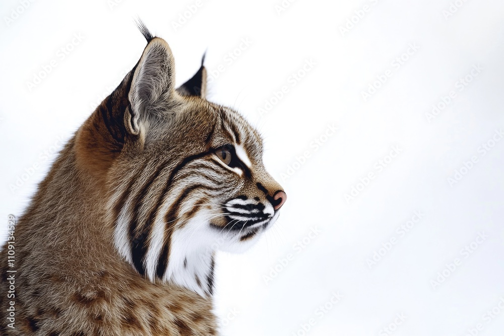 Poster a close-up view of a bobcat's head on a white background, suitable for wildlife or nature-themed pro