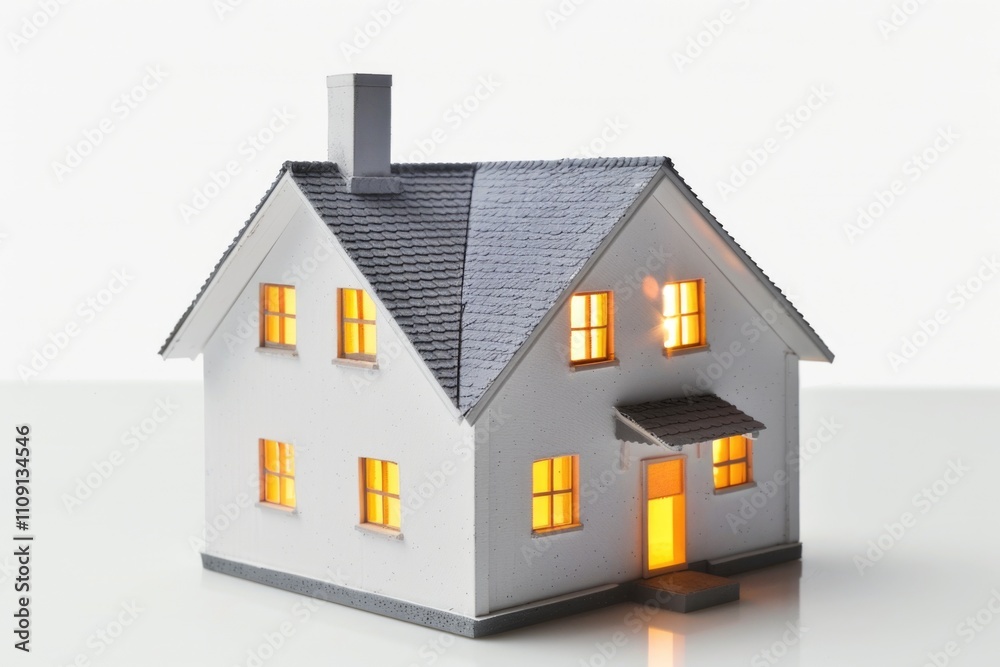 Poster A small model of a house with windows illuminated, suitable for use in architecture or interior design concepts