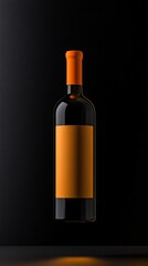 Olive colored wine bottle with blank label suspended against a dark backdrop