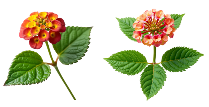 Colorful Lantana Flowers with Green Leaves Isolated on a White Background