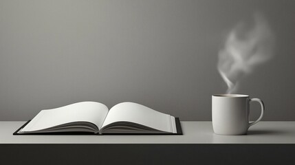 Open notebook and steaming coffee mug on a minimal desk during a quiet morning