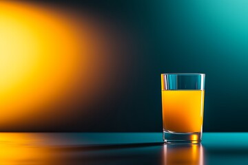A vibrant glass of orange juice sits on a surface, illuminated by colorful lighting, creating a striking visual contrast.
