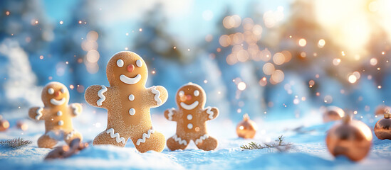 Playful gingerbread man enjoying the snow with festive gifts
