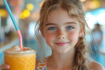 A child enjoys a milkshake with a big brightly coloured straw in a retro diner. Generative AI