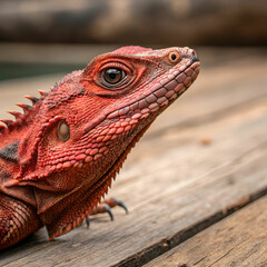 Obraz premium red iguana closeup head on wood red iguana closeup