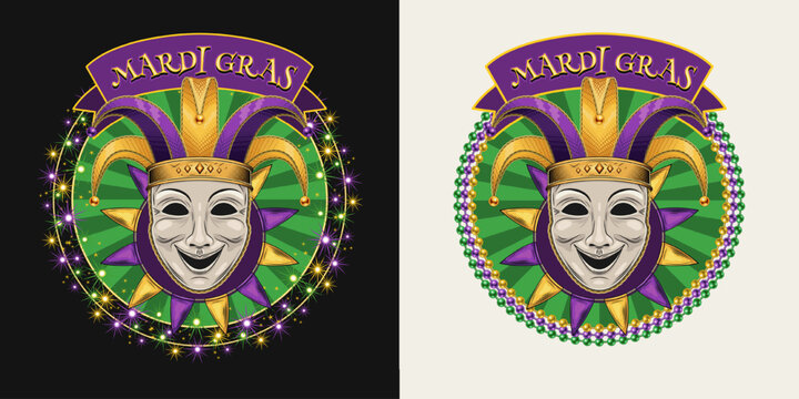 Mardi Gras themed circular label. Emblem with carnival comedy face mask in jester harlequin hat, strings of beads, sparkle garland, text in ribbon. Vintage holiday composition. - Powered by Adobe