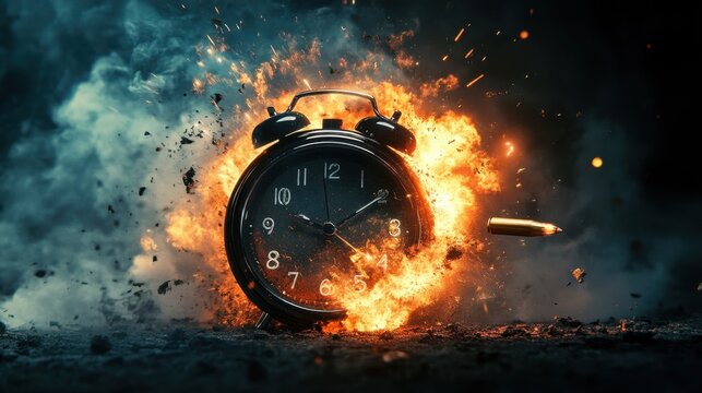Dynamic image of an alarm clock exploding as a bullet crashes through its center, set against a dark background
