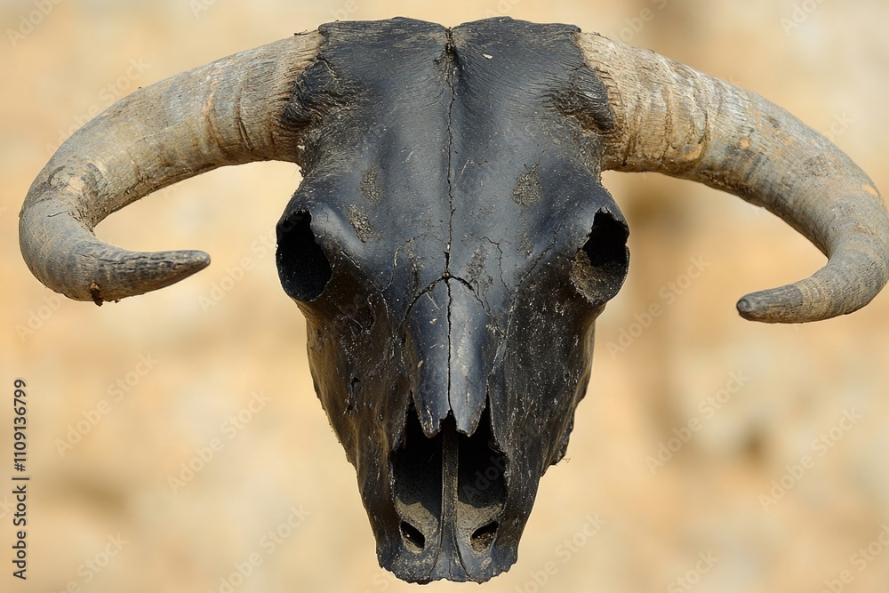 Poster a close-up view of a goat's head with distinctive long horns