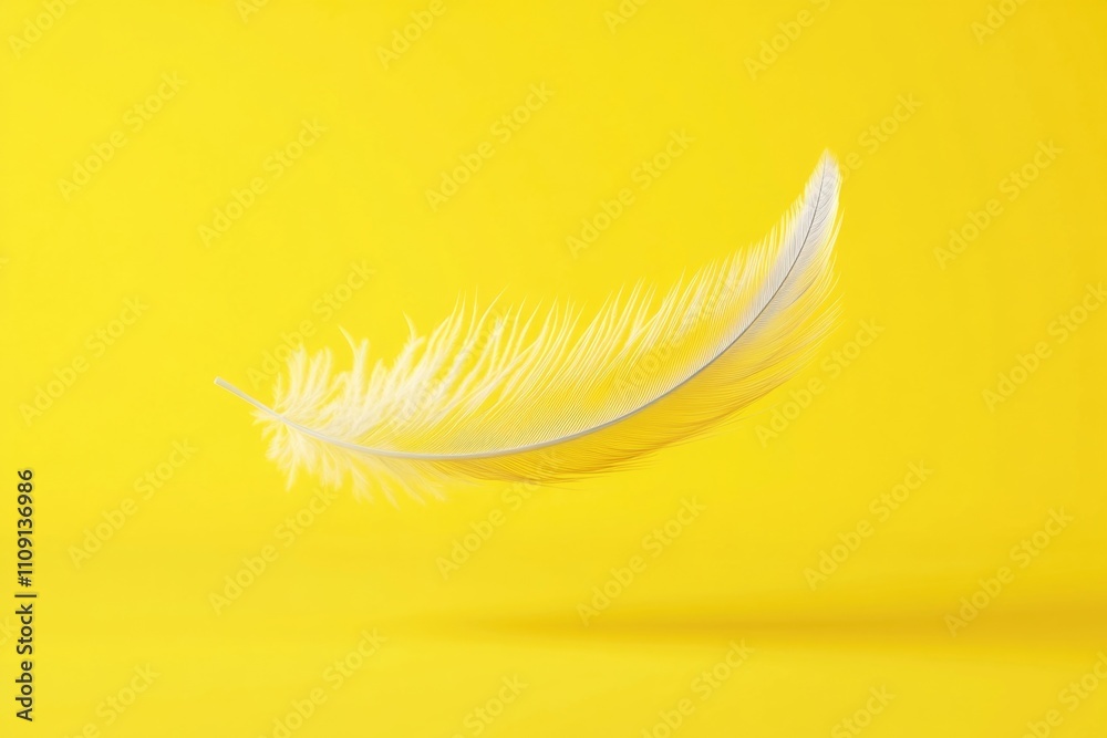 Poster a single white feather floats in mid-air against a bright yellow background, suitable for use as a d