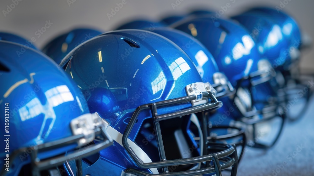 Poster line of blue football helmets arranged neatly on display