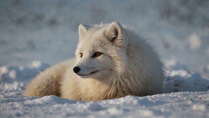 Fototapeta premium White Arctic fox curled up in the snow.