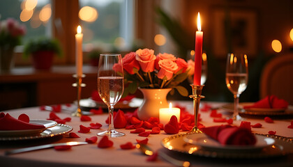Romantic candlelit dinner table decorated with red roses, wine glasses, and heart-shaped petals for a special occasion, american holiday