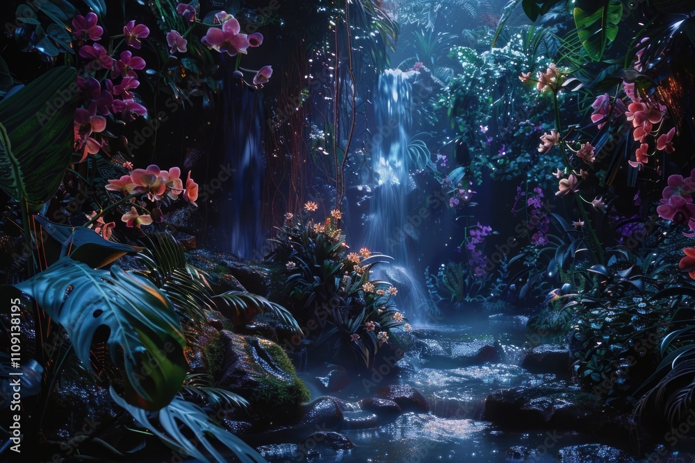 Poster a serene waterfall surrounded by dense foliage and towering trees