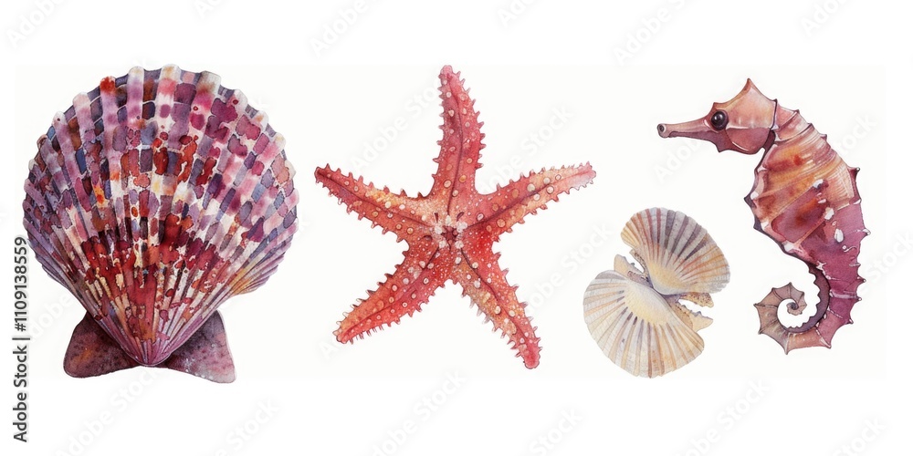 Poster collection of sea shells and starfishes on a white background