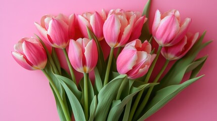 Fototapeta premium A bouquet of pink tulips against a pink background, perfect for spring-themed designs and celebrations