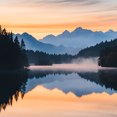 Fototapeta premium A tranquil landscape showcasing a stunning sunrise over misty mountains, perfectly mirrored on the calm surface of a secluded lake. Captures nature's peaceful essence.
