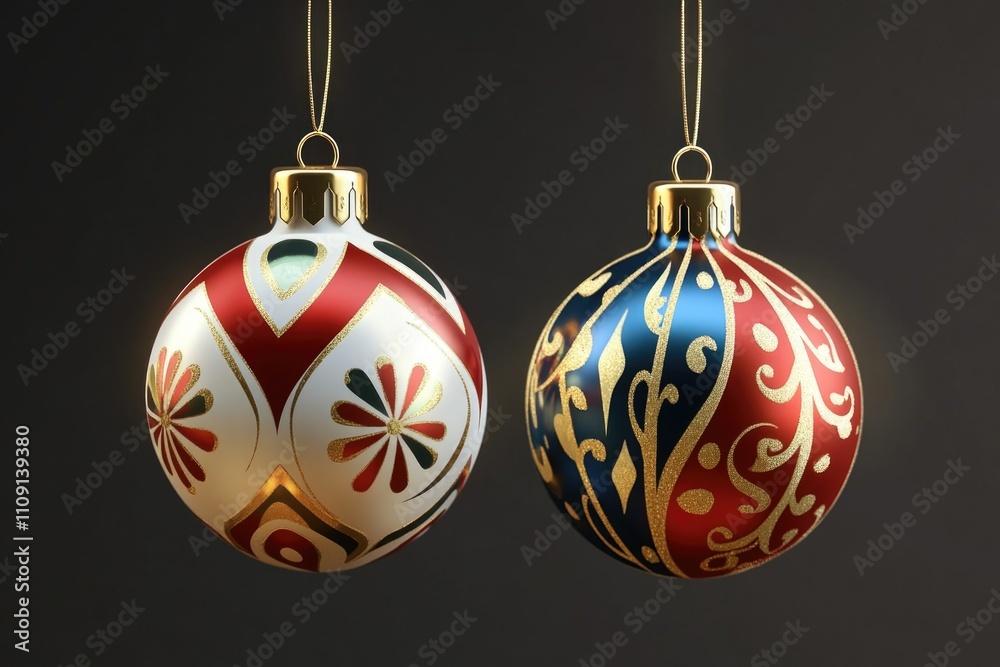 Poster a pair of decorative ornaments suspended from a string