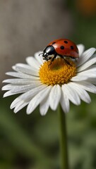 Obraz premium White daisy with a ladybug on its petals.