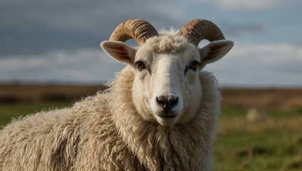White ewe gazing forward, looking serene.