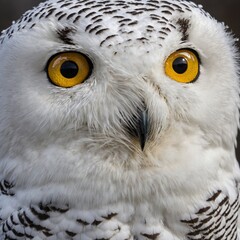 Obraz premium A snowy owl’s intense yellow eyes and snowy feathers.