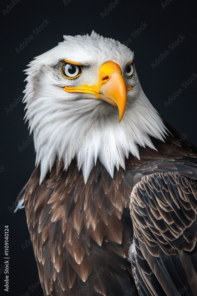 Poster A close-up view of a bald eagle's head and feathers against a dark background