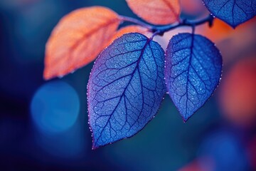 Fototapeta premium A detailed view of a vibrant blue and orange leaf with intricate veins